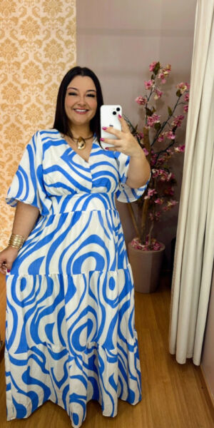 Vestido Plus Size Heloísa Azul Estampado G1 G2 G3