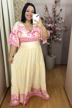 Vestido Plus Size Heloísa Bege Estampa Rosa G1 G2 G3