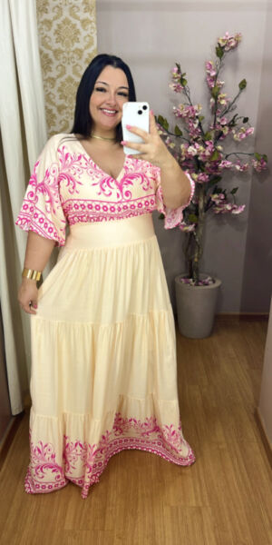 Vestido Plus Size Heloísa Bege Estampa Rosa G1 G2 G3