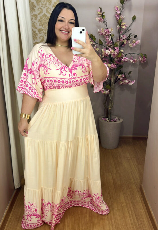 Vestido Plus Size Heloísa Bege Estampa Rosa G1 G2 G3