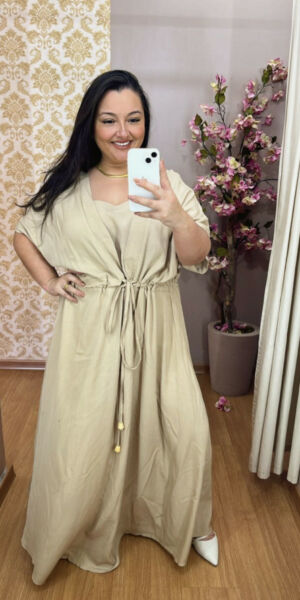 Vestido Plus Size Viscolinho Bege G1 ao G4