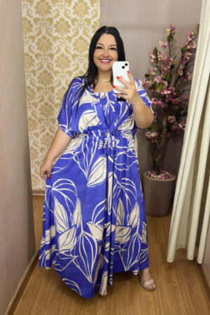 Vestido Plus Size Sofia Viscose Azul Estampado G1 ao G4