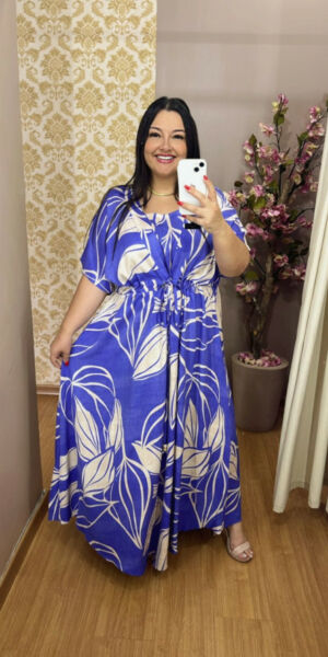 Vestido Plus Size Sofia Viscose Azul Estampado G1 ao G4