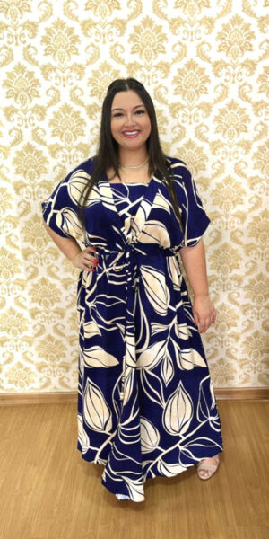 Vestido Plus Size Sofia Viscose Azul Marinho Estampado G1 ao G4