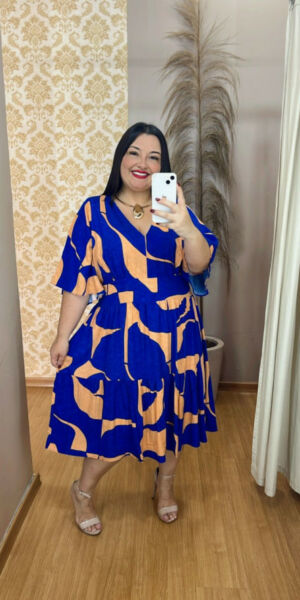 Vestido Midi Plus Size Eloah Azul Laranja Florido G2 G3