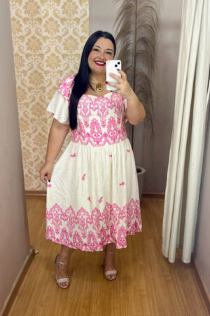Vestido Midi Plus Size Eloah Branco Estampado G2