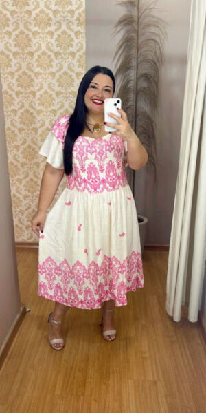 Vestido Midi Plus Size Eloah Branco Estampado G2