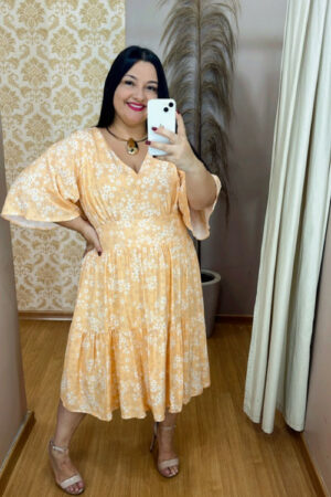 Vestido Midi Plus Size Eloah Laranja Florido G2 G3