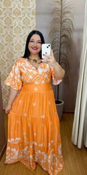 Vestido Longo Plus Size Heloísa Laranja Estampado G1