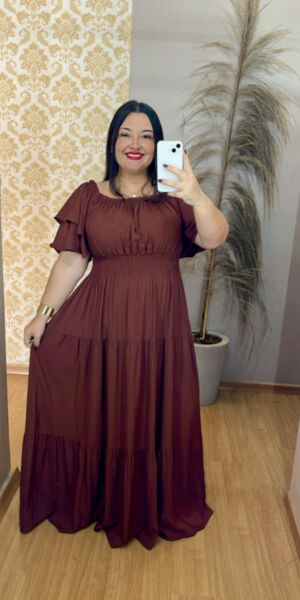 Vestido Plus Size Helena Viscolinho Marrom G1-G3