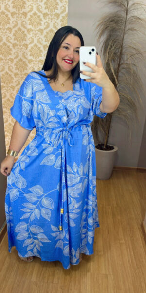 Vestido Plus Size Sofia Viscose Azul Estampado  G1 ao G4