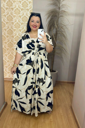 Vestido Plus Size Sofia Viscose Bege Estampado G1 ao G4