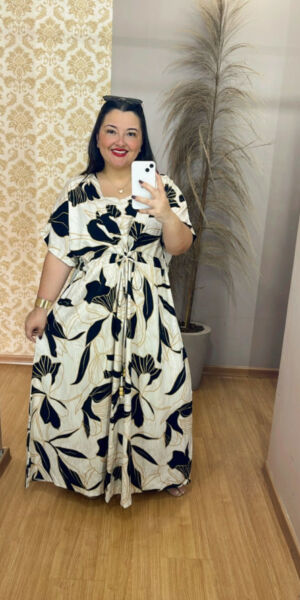Vestido Plus Size Sofia Viscose Bege Estampado G1 ao G4