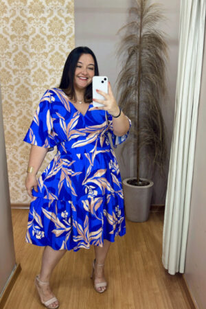 Vestido Midi Plus Size Eloah Azul Estampado G2 G3