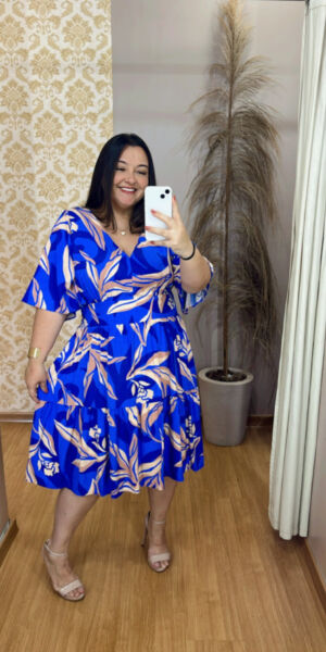 Vestido Midi Plus Size Eloah Azul Estampado G2 G3