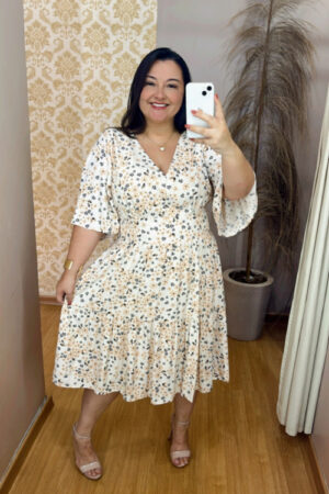 Vestido Midi Plus Size Eloah Bege Florido G2