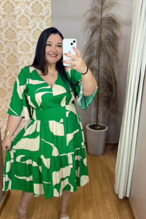 Vestido Midi Plus Size Eloah Verde Estampado G2 G3