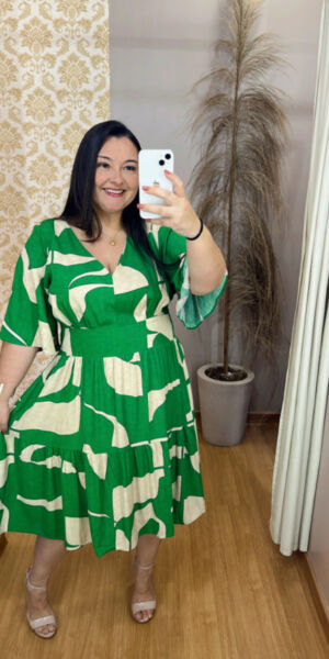 Vestido Midi Plus Size Eloah Verde Estampado G2 G3