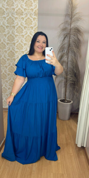 Vestido Plus Size Helena Viscolinho Azul G1-G3