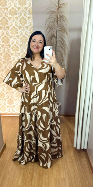 Vestido Plus Size Heloísa Viscose Marrom e Bege Estampado G2 G3