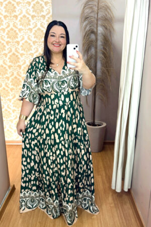 Vestido Plus Size Heloísa Viscose Verde Estampado G1 G2 G3