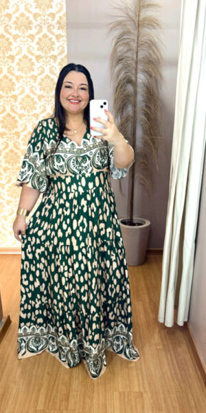 Vestido Plus Size Heloísa Viscose Verde Estampado G1 G2 G3