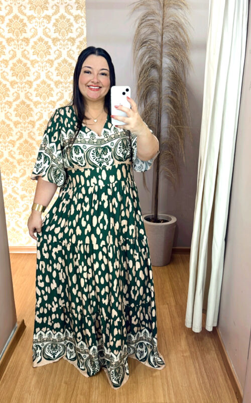 Vestido Plus Size Heloísa Viscose Verde Estampado G1 G2 G3