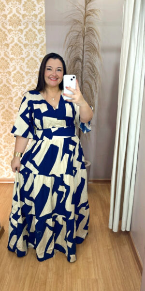 Vestido Plus Size Heloísa Viscose Azul e Bege Listrado G2 G3