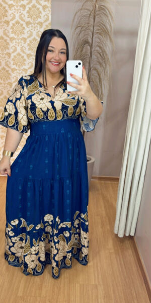 Vestido Plus Size Heloísa Viscose Azul Estampado G1 G2 G3