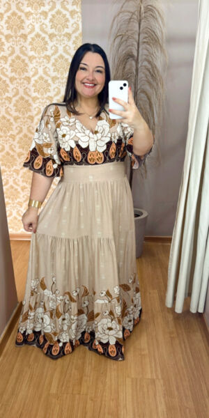 Vestido Plus Size Heloísa Viscose Bege Estampado G1 G2
