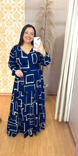 Vestido Plus Size Heloísa Viscose Azul Manga Longa G1 G2
