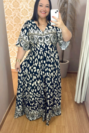 Vestido Plus Size Heloísa Viscose Preto e Bege Estampado G1 G2 G3