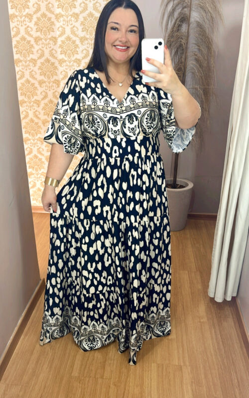 Vestido Plus Size Heloísa Viscose Preto e Bege Estampado G1 G2 G3