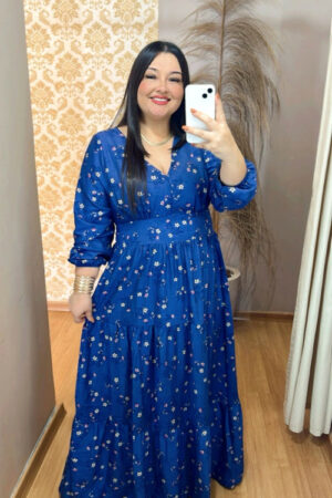 Vestido Plus Size Heloísa Viscose Azul Manga Longa G1 G2