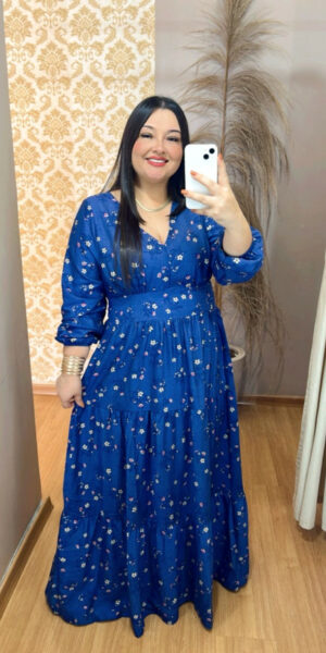 Vestido Plus Size Heloísa Viscose Azul Manga Longa G1 G2
