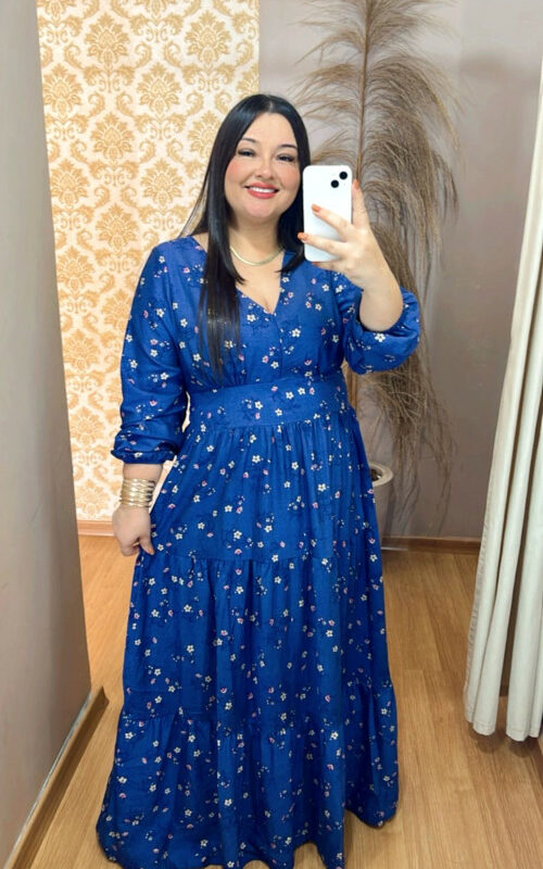 Vestido Plus Size Heloísa Viscose Azul Manga Longa G1 G2