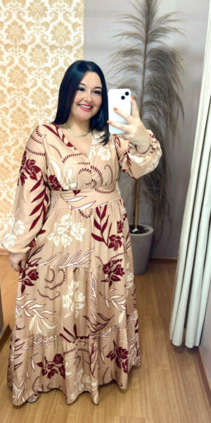 Vestido Plus Size Heloísa Viscose Bege Estampado Manga Longa G1 G2