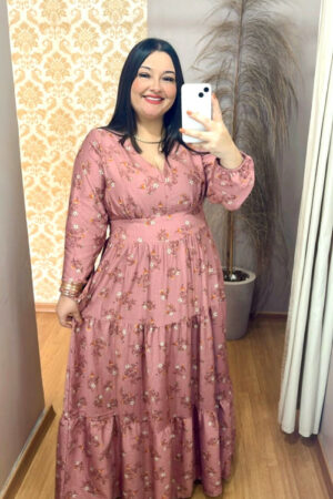 Vestido Plus Size Heloísa Viscose Rosa Manga Longa G1 G2