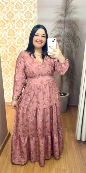 Vestido Plus Size Heloísa Viscose Rosa Manga Longa G1 G2