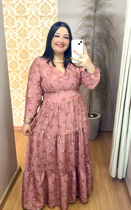 Vestido Plus Size Heloísa Viscose Rosa Manga Longa G1 G2