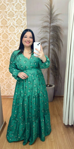 Vestido Plus Size Heloísa Viscose Verde Manga Longa G1 G2