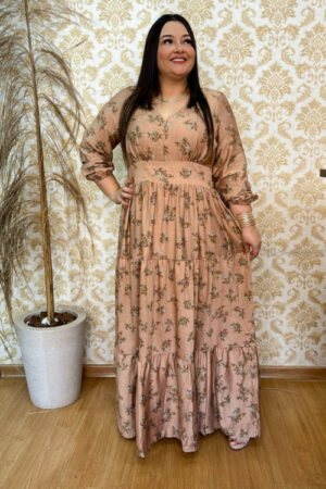 Vestido Plus Size Heloísa Viscose Bege Manga Longa G2