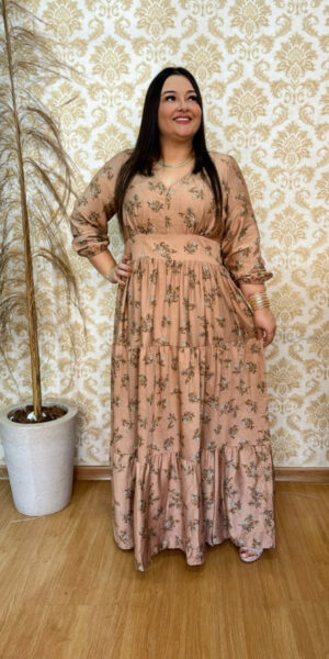 Vestido Plus Size Heloísa Viscose Bege Manga Longa G2