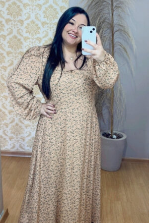 Vestido Longo Plus Size Viscolinho Lorena Bege G3
