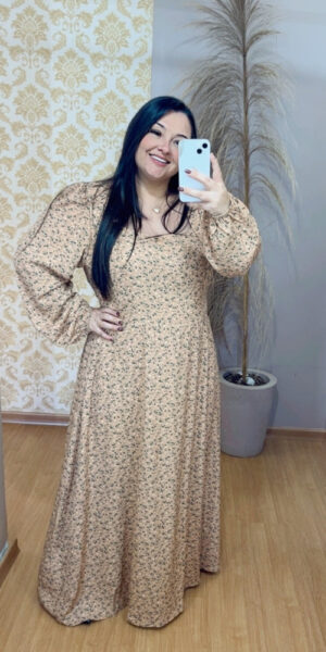 Vestido Longo Plus Size Viscolinho Rebeca Bege G3