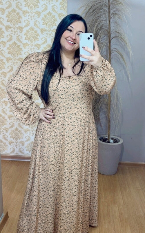 Vestido Longo Plus Size Viscolinho Lorena Bege G3