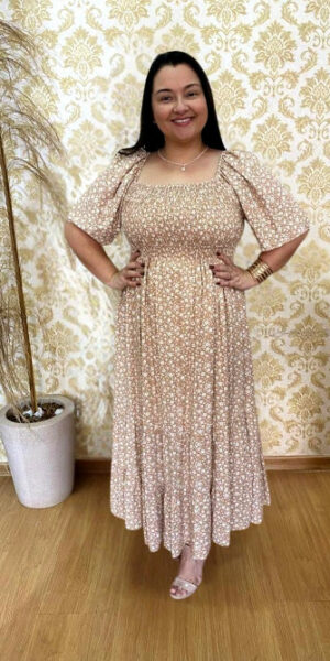 Vestido Midi Plus Size em Viscolinho Roberta Bege