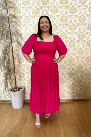 Vestido Midi Plus Size em Viscolinho Roberta Rosa