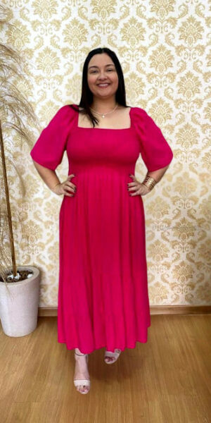 Vestido Midi Plus Size em Viscolinho Roberta Rosa