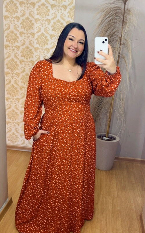 Vestido Longo Plus Size Viscolinho Lorena Terra Cota G3